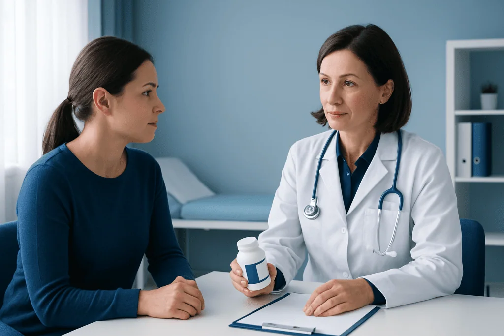 Doctor explaining chromium supplement benefits to patient in clinic setting.