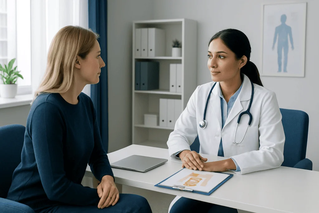 Doctor consulting with a patient in a medical office setting.