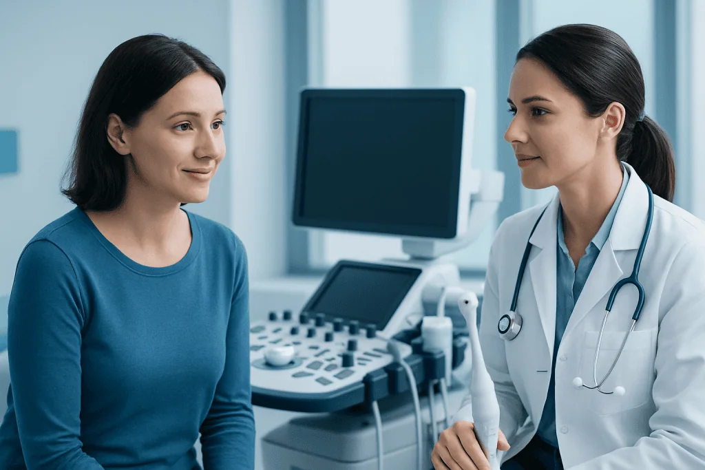 Doctor consulting with a female patient in a medical office.
