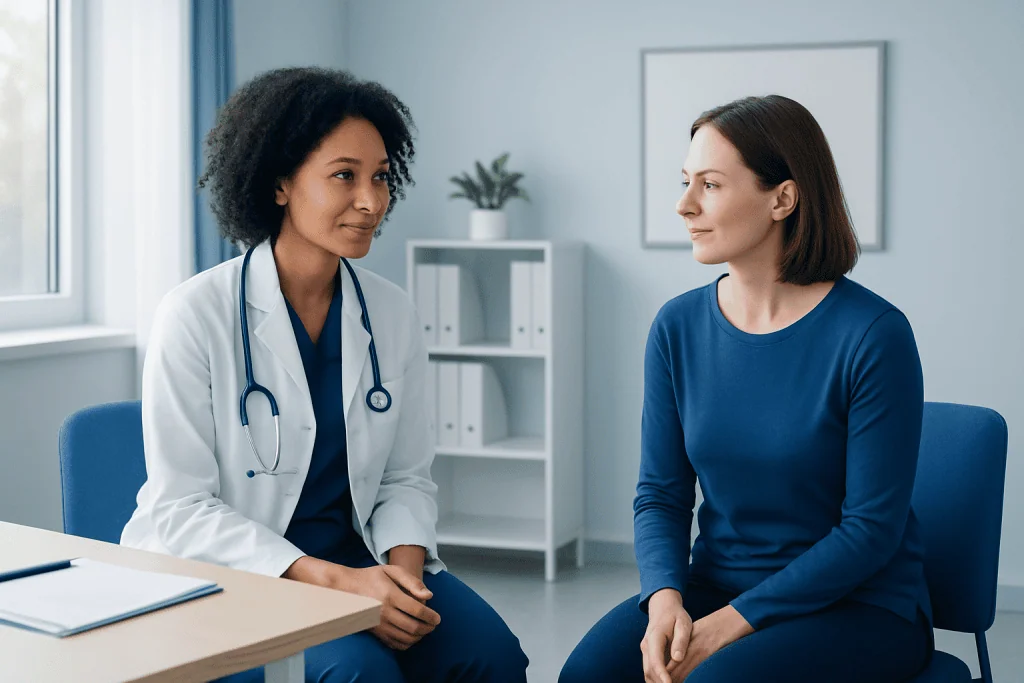 Doctor consulting with a female patient in a modern clinic setting.