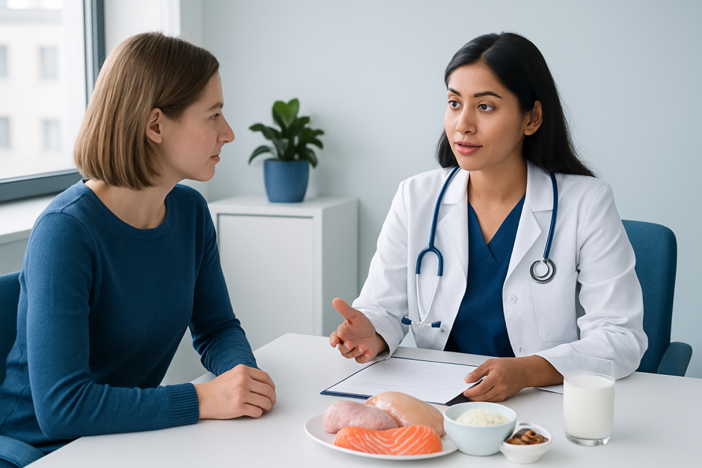 Doctor consulting with patient about healthy diet and leucine-rich foods.