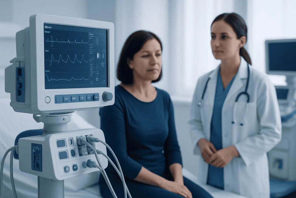 Patient undergoing cardiac monitoring in a hospital setting with medical staff present.