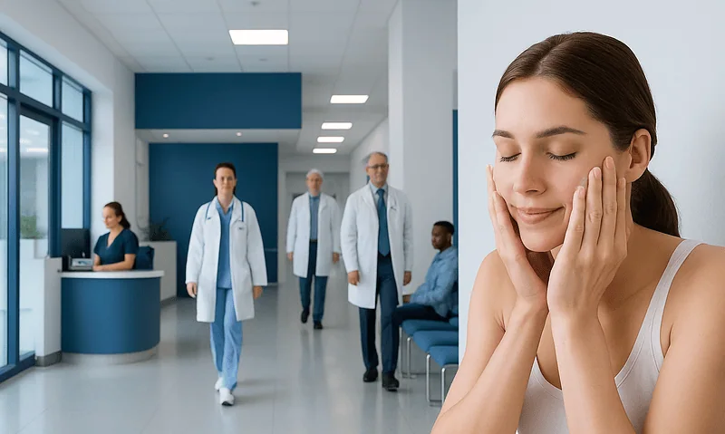 Young woman with clear skin enjoying her visit at Acibadem Hospital.