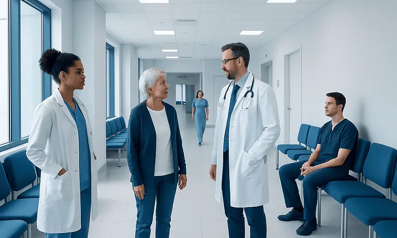 Medical team consulting with a patient in a hospital corridor.