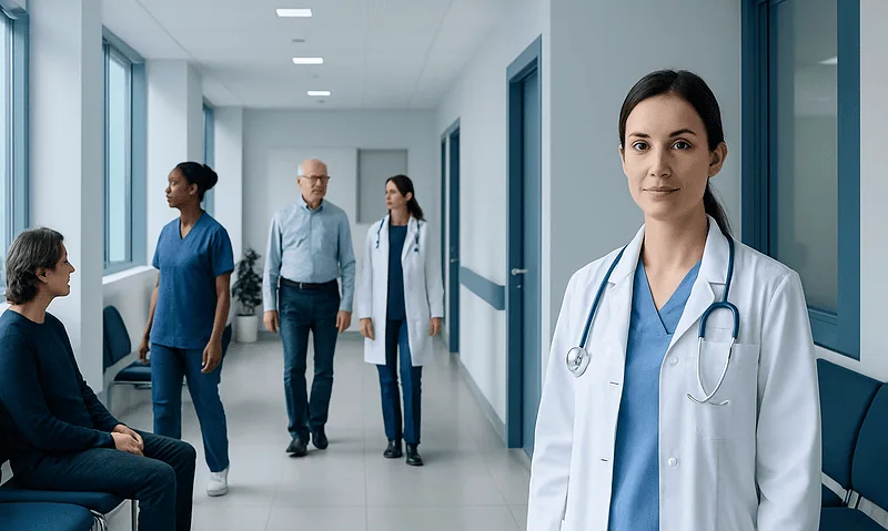 Medical team in hospital corridor with doctor in foreground.