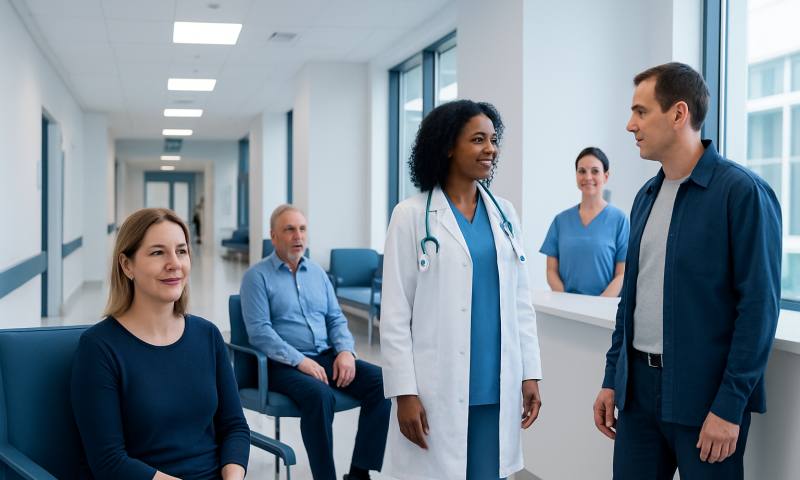 Medical team consulting with patient in hospital corridor at Acibadem Hospitals.