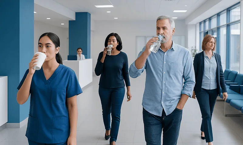 Medical staff and visitors drinking water in hospital corridor.