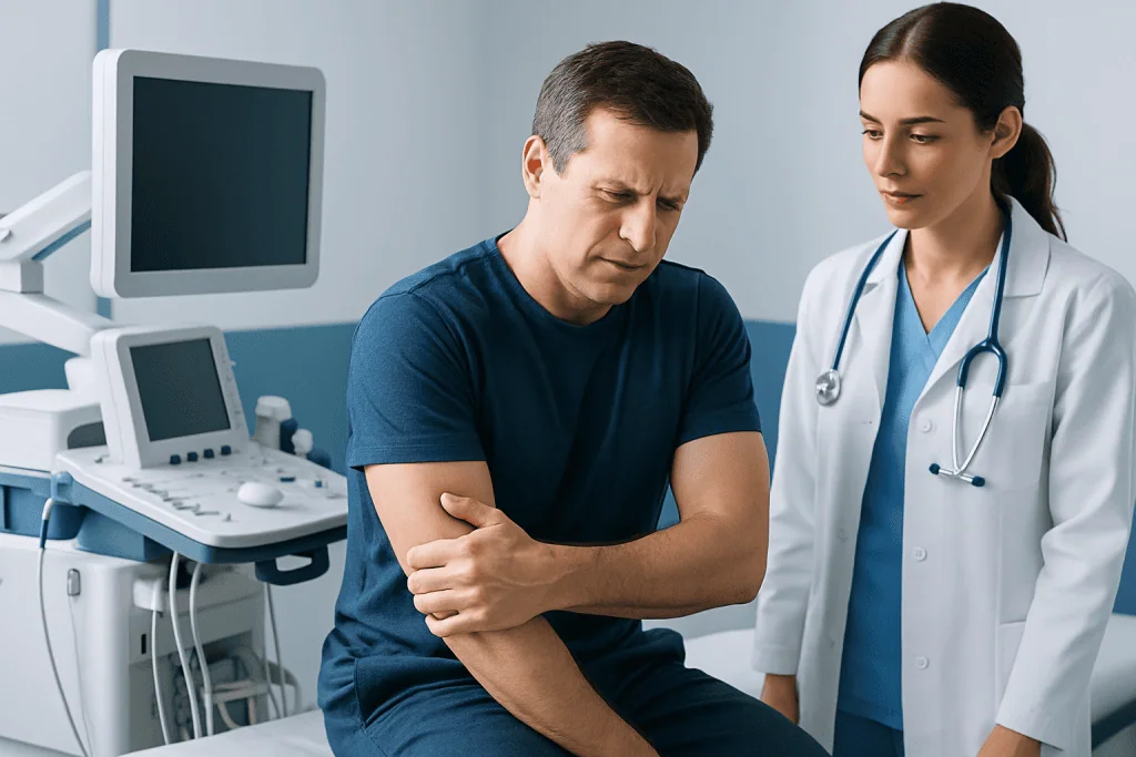 Patient experiencing arm pain during medical consultation at Acibadem Hospital.