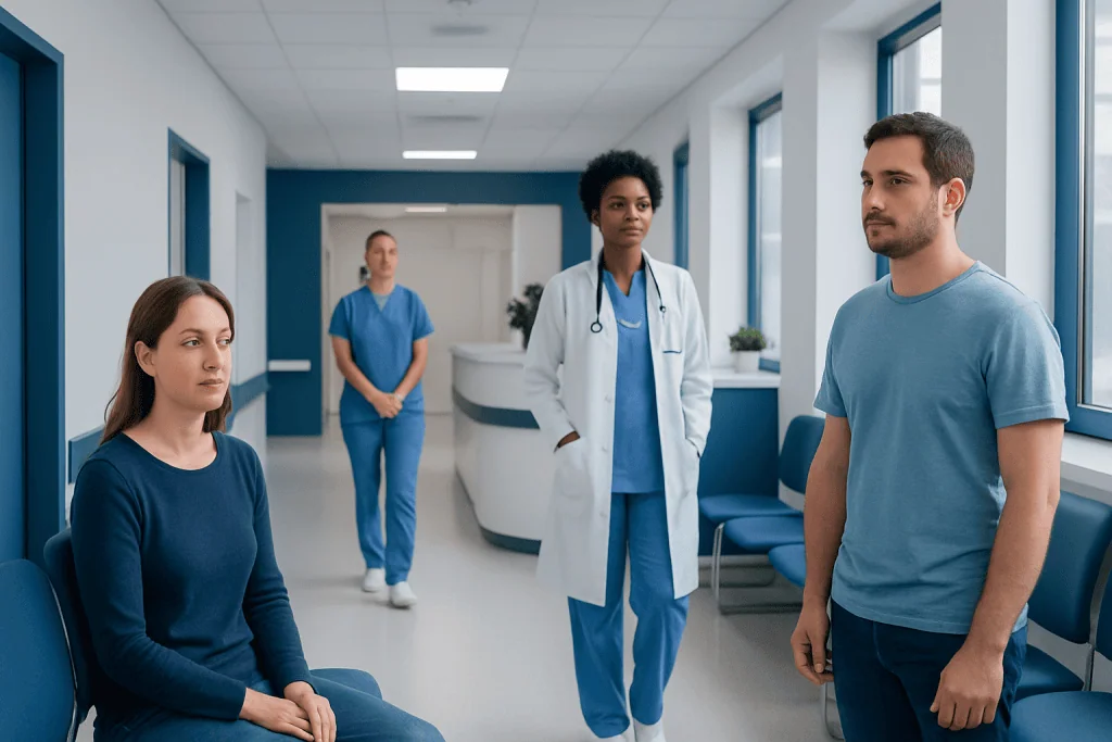 Big Poop: What Patients Need to Know 1 Patients and doctor in a hospital corridor during consultation.