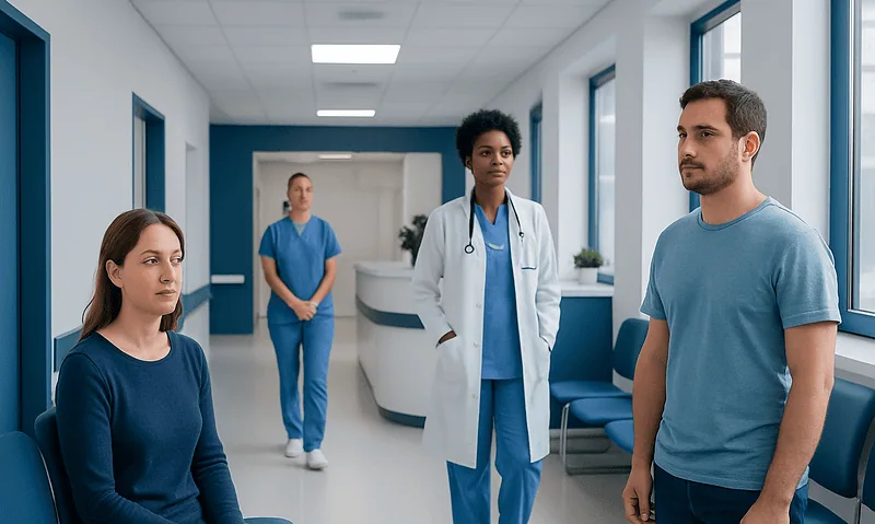 Patients and doctor in a hospital corridor during consultation.