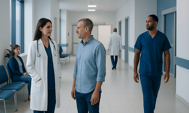 Medical professionals and patient in hospital corridor at Acibadem Hospitals Group.
