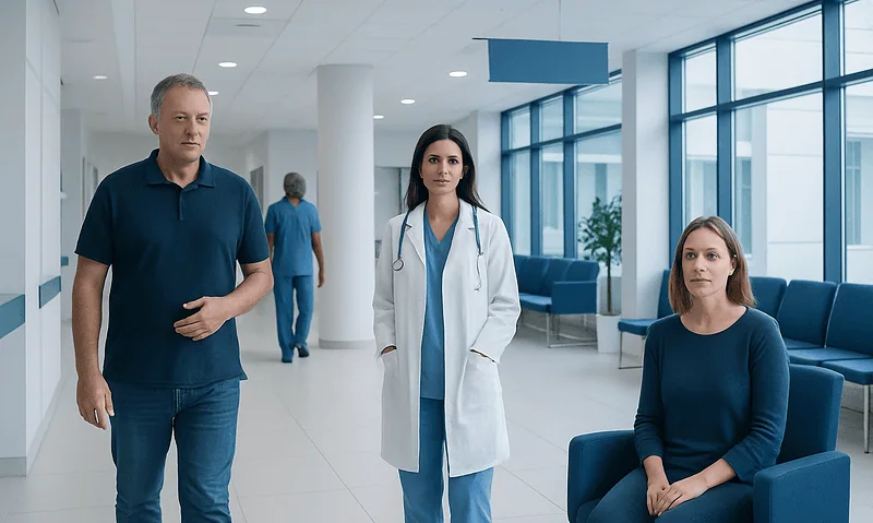 Medical professionals and patient in hospital corridor at Acibadem Hospitals Group.