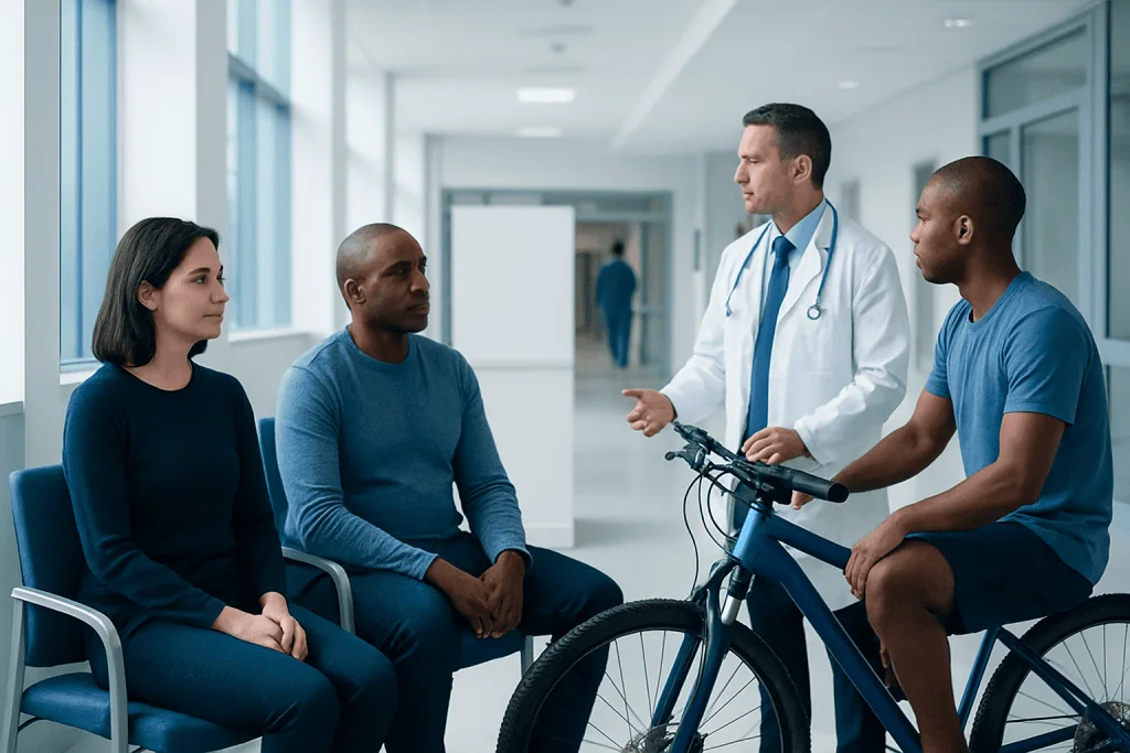 Bike Health: An Evidence-Based Guide for Patients 1 Doctor discussing bike safety and health with diverse patients in hospital corridor.