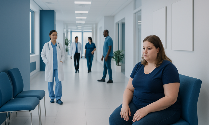 Patient waiting in hospital corridor with medical staff in background.