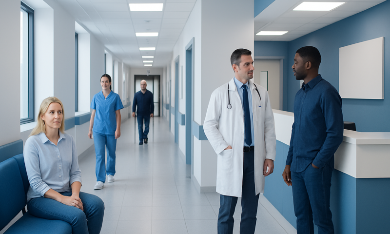 Medical professionals and patients in a hospital corridor at Acibadem Hospitals Group.