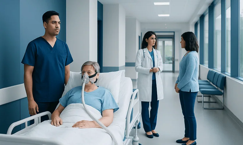 Hospital patient with oxygen mask in a medical ward with healthcare professionals nearby.