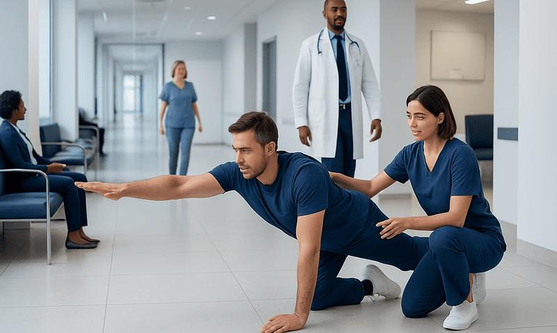 Bird Dog — Explained by Medical Evidence, Not Myths 11 Medical professionals perform a physical therapy session in a hospital corridor.