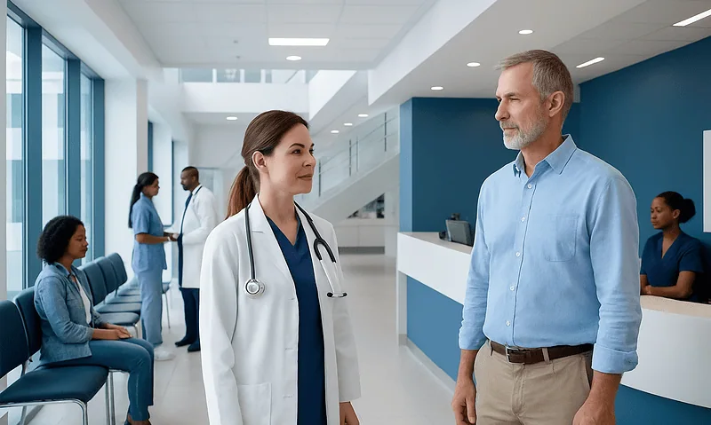 Doctor speaking with a patient in a modern hospital lobby.