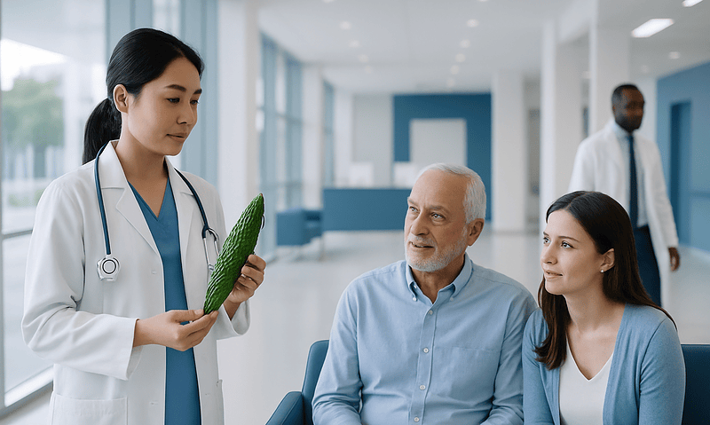 Doctor explaining benefits of bitter gourd to patients in hospital setting.