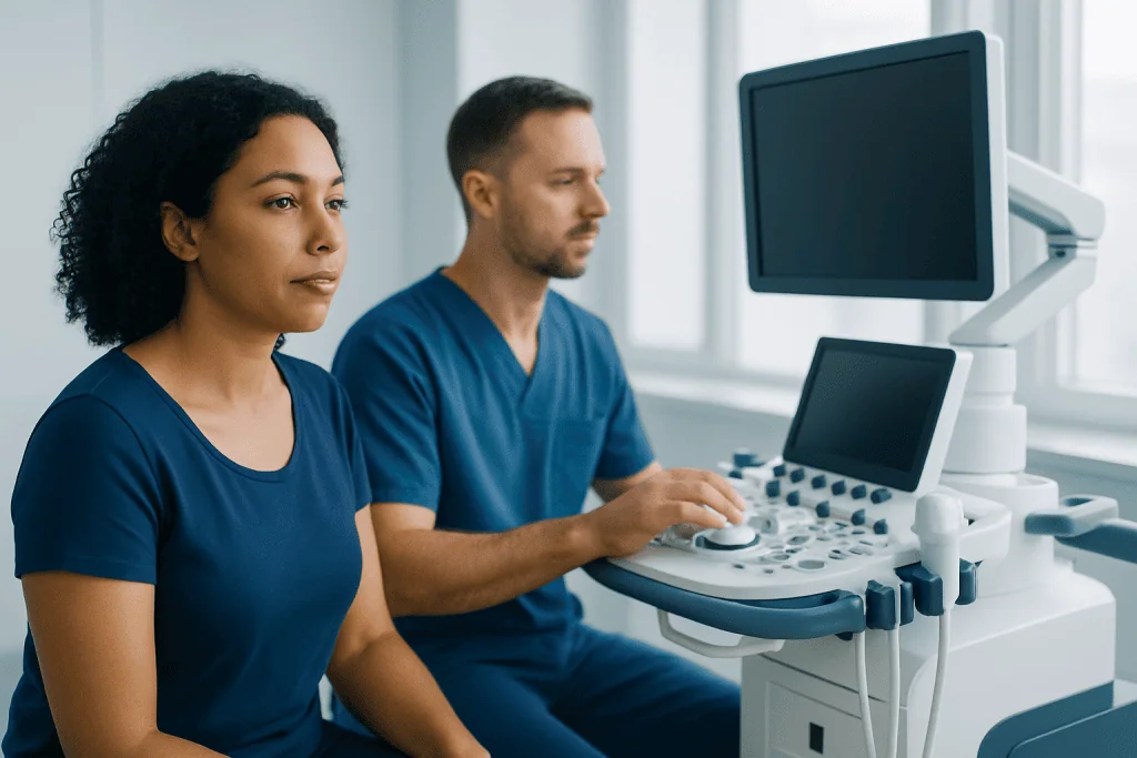 Medical professionals using ultrasound equipment in a hospital setting.