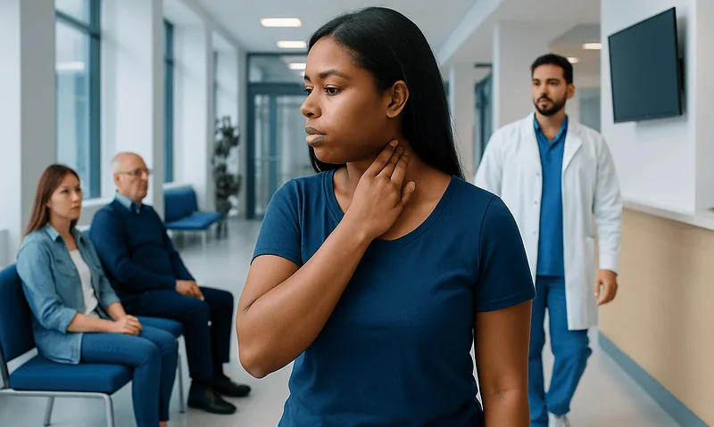 Health Library 12 Woman experiencing neck discomfort in a medical consultation setting.