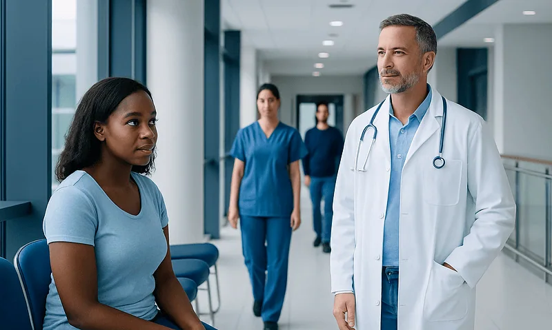 Doctor consulting a young patient in a hospital corridor.