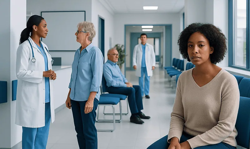 Medical staff and patients in a hospital corridor at Acibadem Hospitals Group.