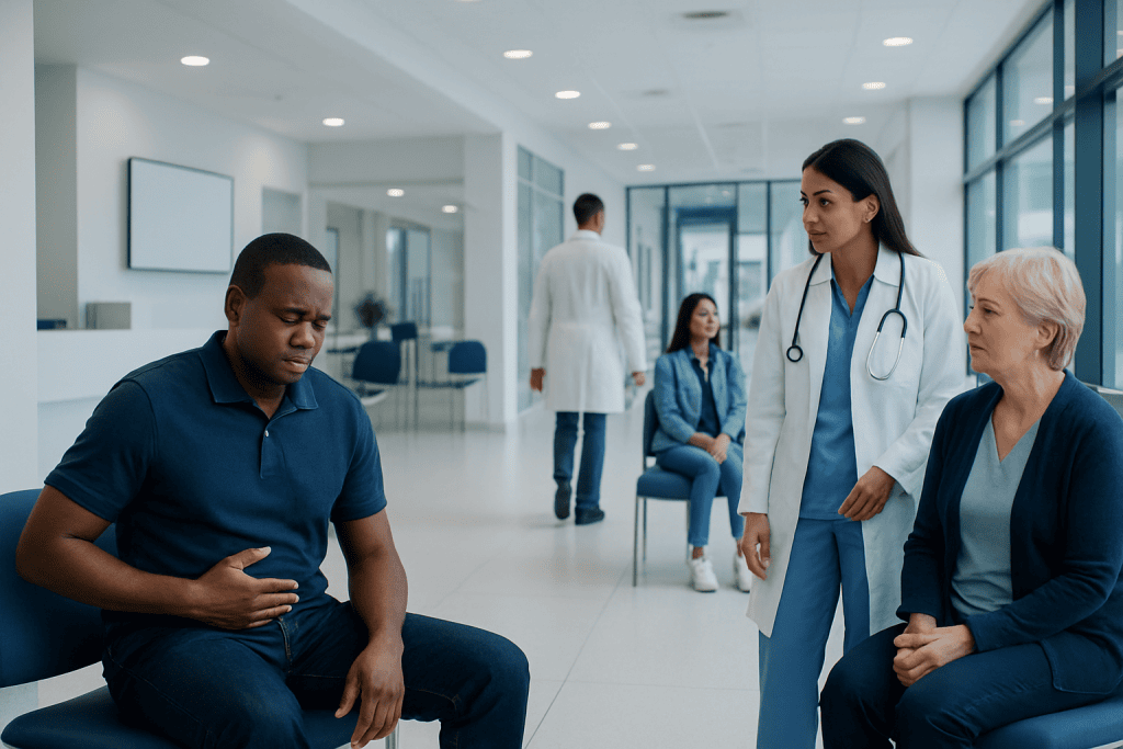 Black Stool — Explained by Medical Evidence, Not Myths 1 Patient experiencing stomach pain in a hospital waiting area.