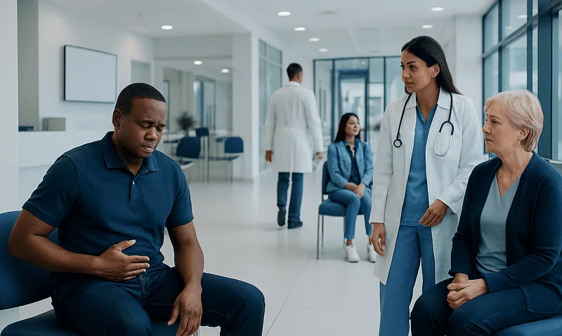 Patient experiencing stomach pain in a hospital waiting area.