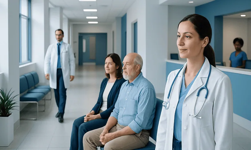 Medical team and patients in a hospital corridor at Acibadem Hospitals Group.