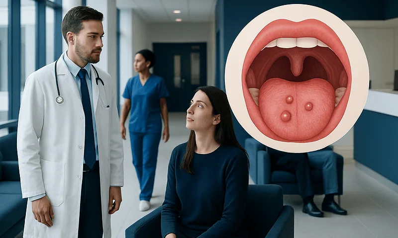 Doctor consulting with patient about tongue blisters in hospital setting.