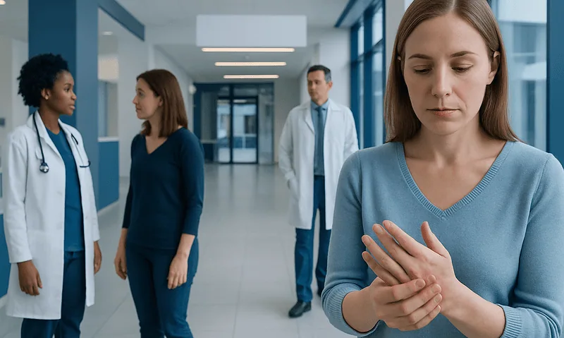 Young woman with hand pain in hospital corridor with medical staff.