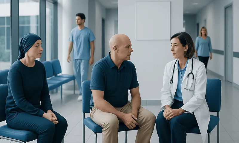 Doctor consulting with patients in a hospital corridor.