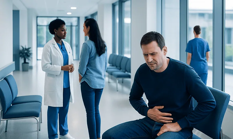 Patient experiencing abdominal pain in hospital corridor with medical staff nearby.