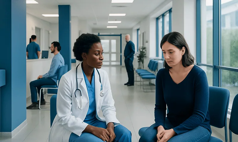 Doctor consulting with a patient in a hospital corridor.