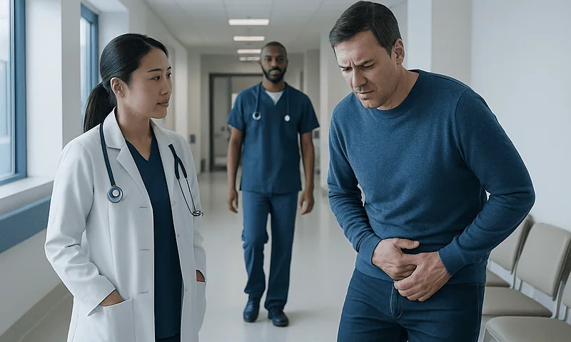 Blood Clots in Urine: What Patients Need to Know 4 Patient experiencing abdominal pain in hospital corridor with medical staff nearby.