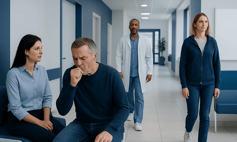 Blood during cough: A Complete Medical Guide for Patients 8 Patient experiencing cough with blood in a hospital corridor.