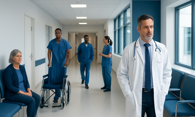 Medical team and patient in hospital corridor at Acibadem Hospitals Group.