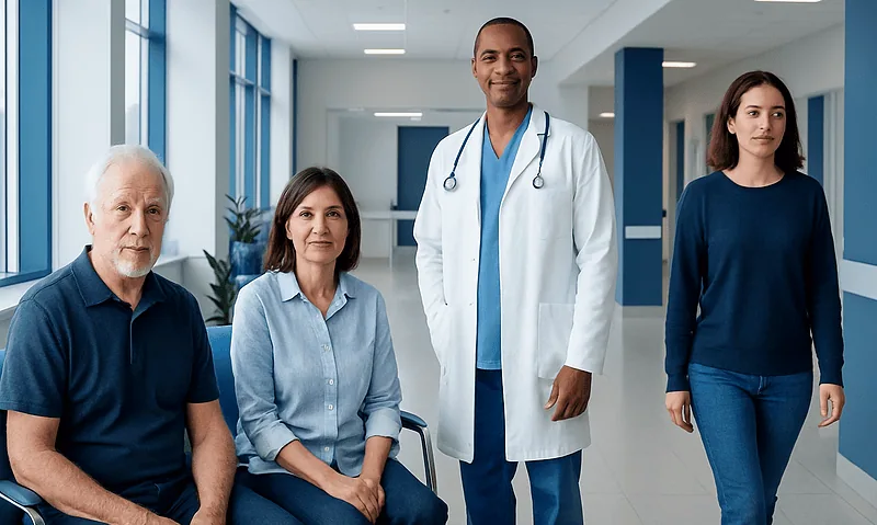 Diverse medical team in hospital corridor with patients and doctor.