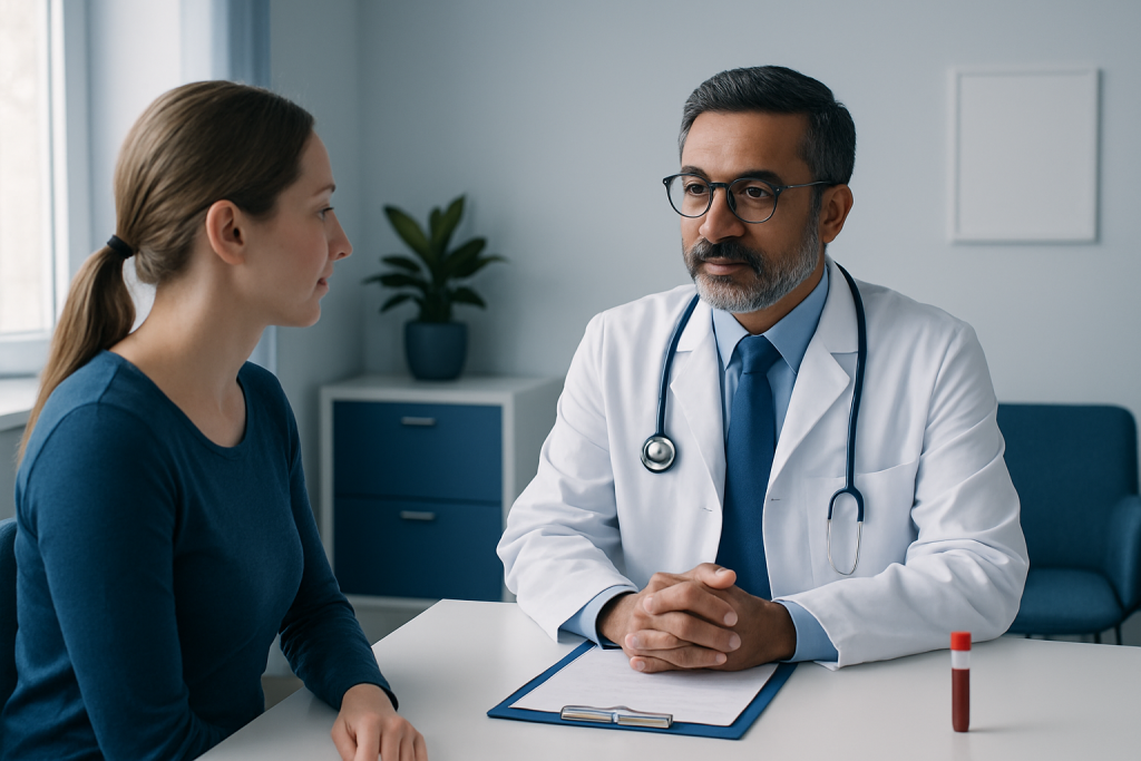 Doctor consulting with a female patient in a medical office setting.