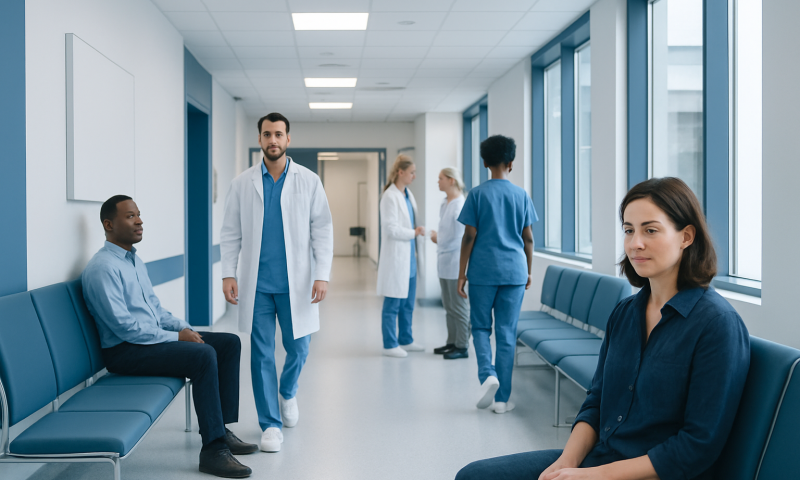 Healthcare professionals and patients in a modern hospital corridor.
