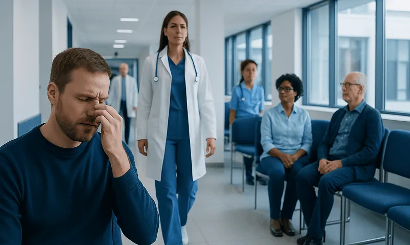 Patient experiencing nasal bleeding in hospital waiting area.