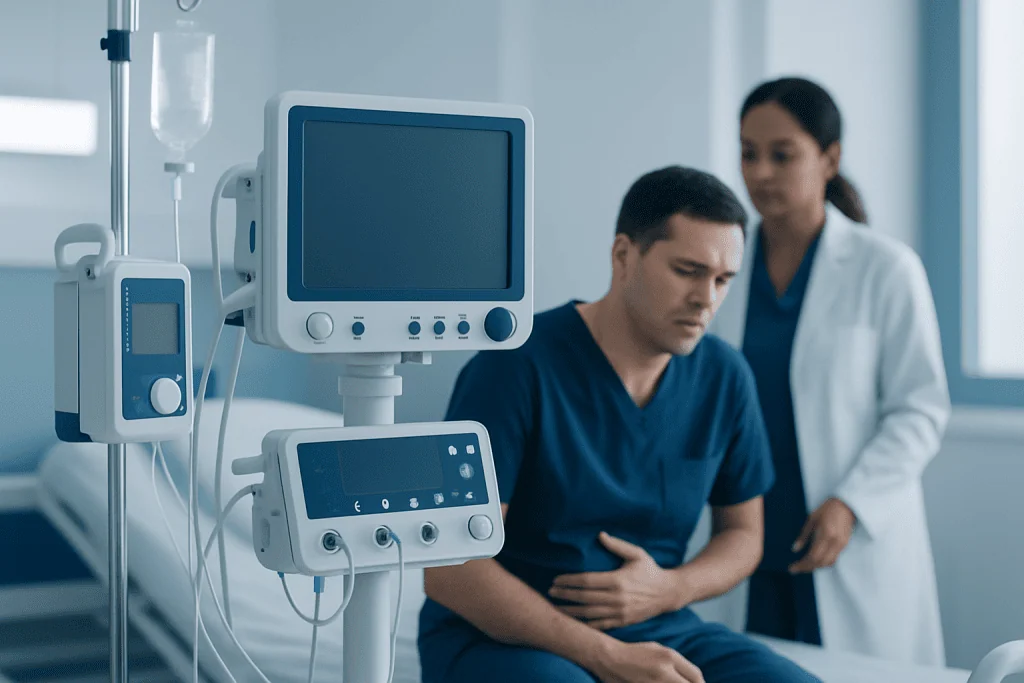 Patient in hospital bed with medical monitors and healthcare professional nearby.