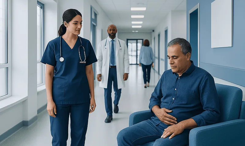 Patient in hospital corridor with medical staff nearby.