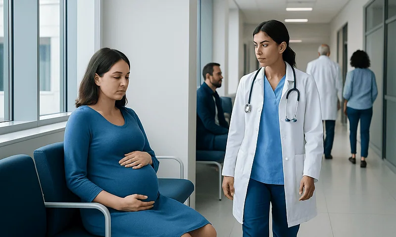 Pregnant woman in hospital waiting area with healthcare professional.