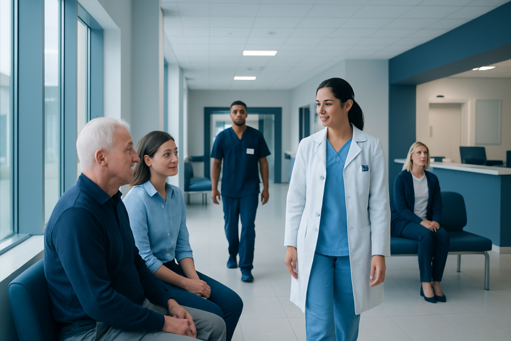Blue Chew Reviews — Explained by Medical Evidence, Not Myths 1 Healthcare professionals consulting with patients in a hospital corridor.