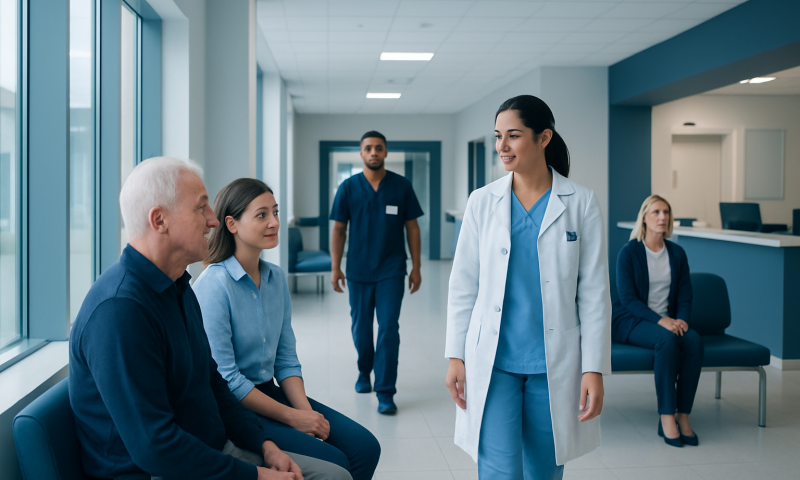 Healthcare professionals consulting with patients in a hospital corridor.