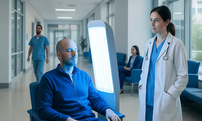 Patient undergoing blue light therapy in a modern hospital setting.