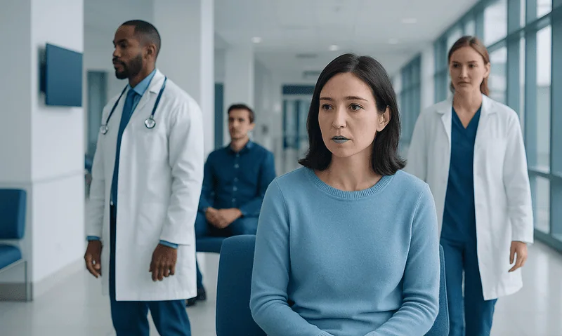 Young woman with blue lips in a hospital waiting area with medical staff.
