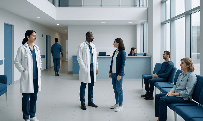 Medical professionals and patients in a modern hospital waiting area.